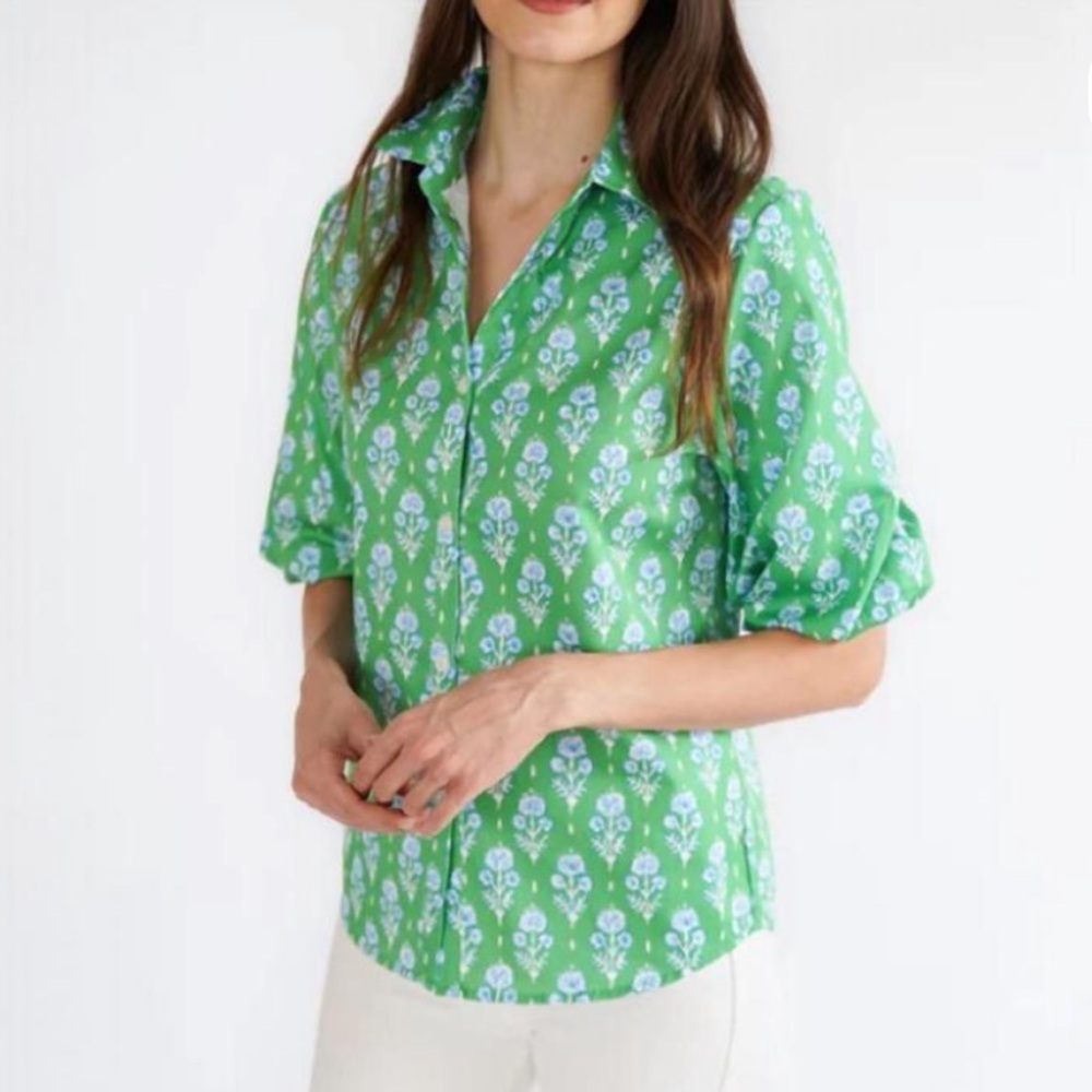 Patty Kim Morgan Top Green Blue Floral Button Down Puff Sleeve Top Medium - Picture 2 of 6